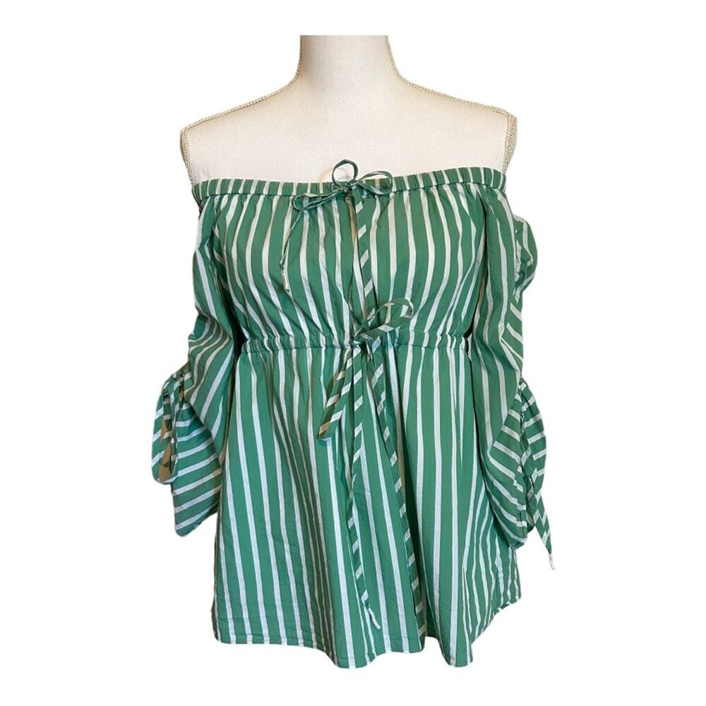 Tanya Taylor Green White Striped Off The Shoulder Top Size 2